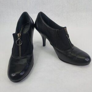 Saks Fifth Ave Stiletto Heel Women's 8.5 Black Leather Ankle Shoe Zip Up Stretch
